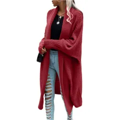 New Fashion Long Cardigan Bat Sleeve Sweater Coat Women - Wine Red - View 1