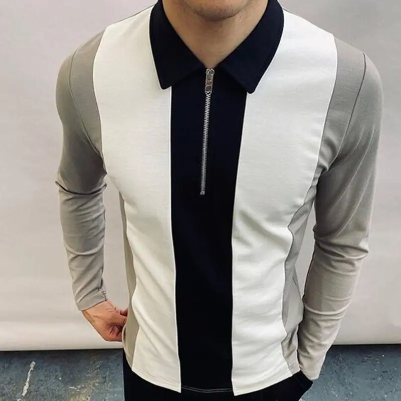 Men's Colorblock Zipper Lapel Long Sleeve T-shirt Slim Polo