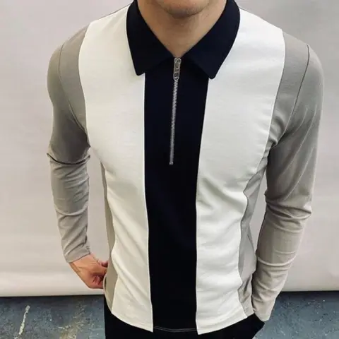 Men's Colorblock Zipper Lapel Long Sleeve T-shirt Slim Polo