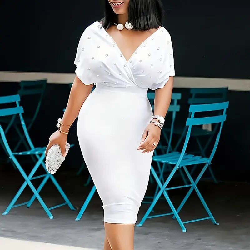 Women's Elegant Deep V Neck Wrap Bodycon Dress Back Zipper Pencil Midi Dress - Image 10