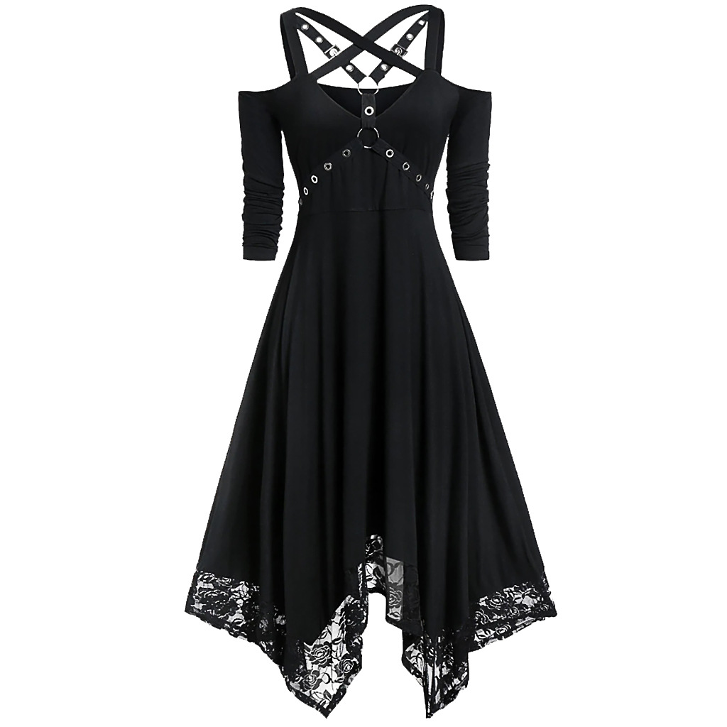 Plus Size Lace Trim Long Sleeve Irregular Dress Black - Shop at LoveMi