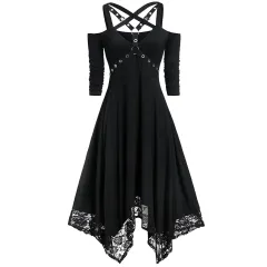 Plus Size Lace Trim Long Sleeve Irregular Dress - Black - View 1