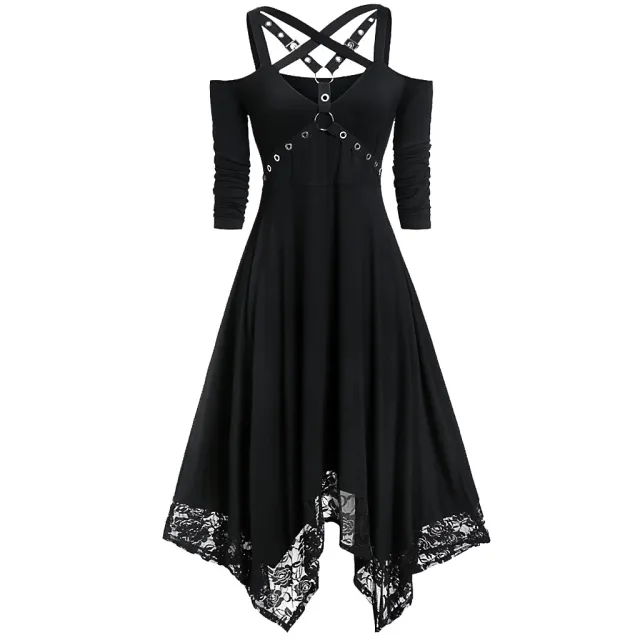 Plus Size Lace Trim Long Sleeve Irregular Dress Black - Shop at LoveMi