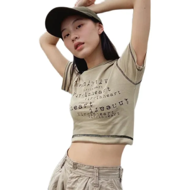 Letter Printing Short sleeved T shirt For Women Khaki - Shop at LoveMi