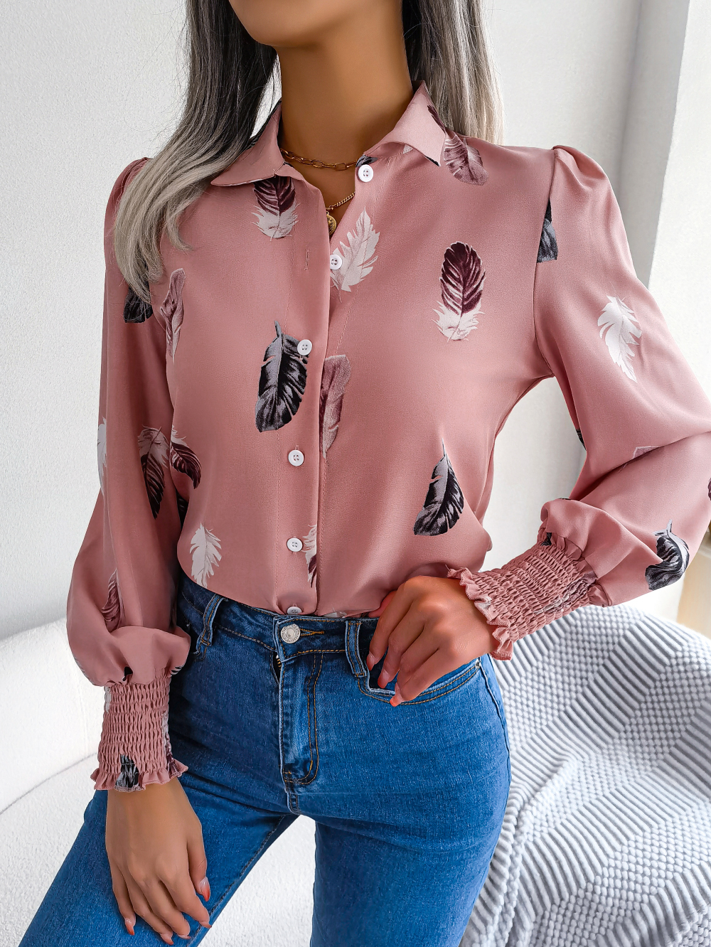 Women's Elegant Feather Lantern Sleeve Lapel Shirt