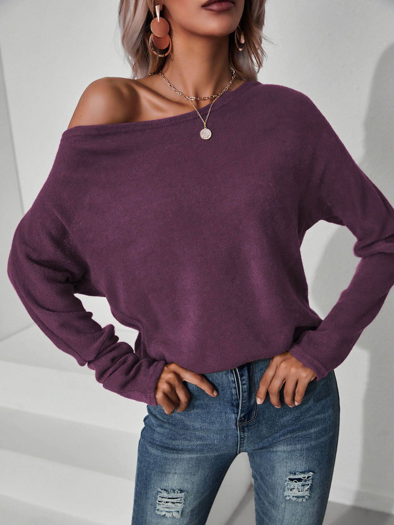 Title 5, Street Solid Color Knitted Oblique Shoulder Top...