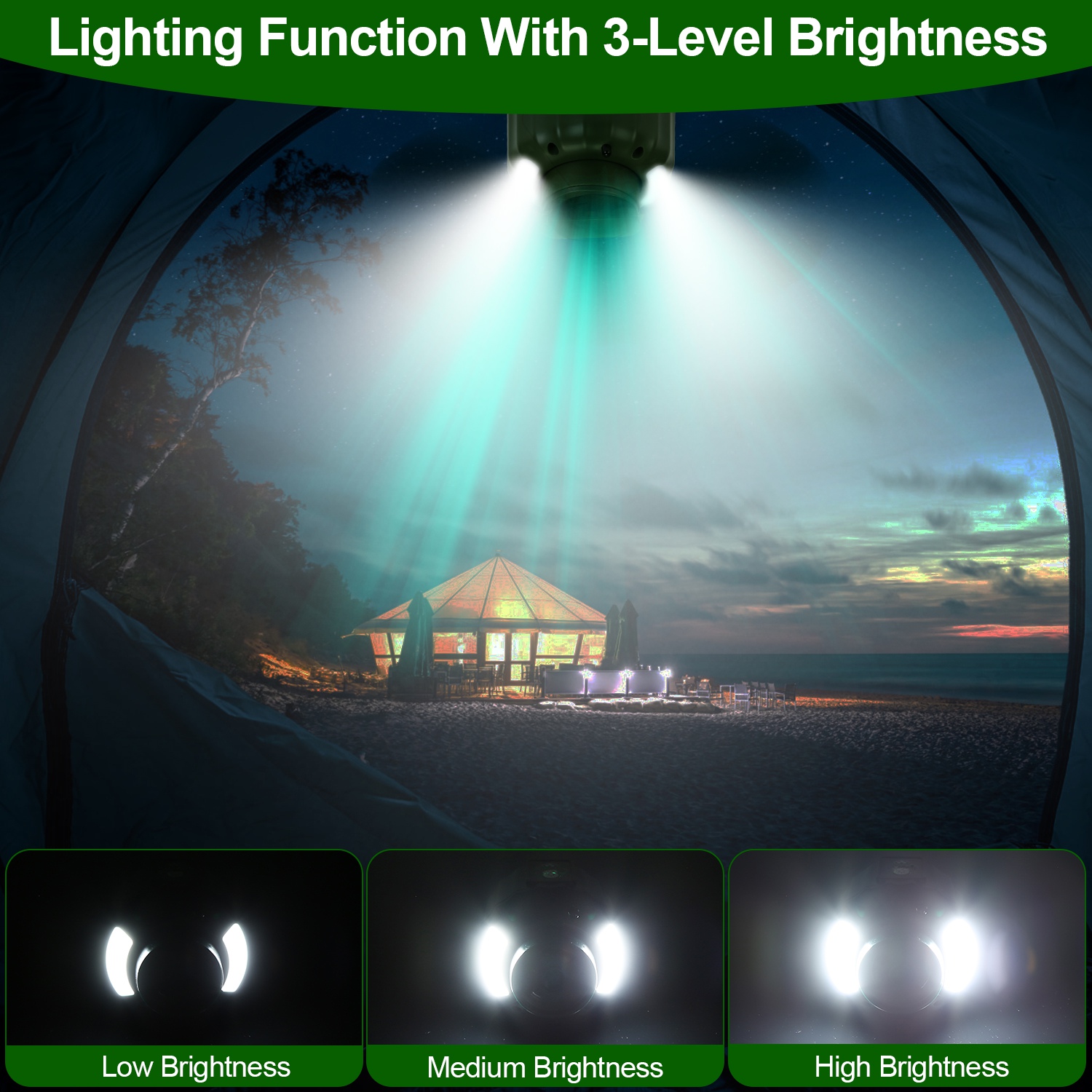 3-in-1 Camping Fan With LED Lantern, Hanging Tent Fan 3 Wind Speeds, Remote Control Timer, USB Power Bank, Low Noise Rechargeable Fan With Battery Display, Detachable Blades For Outdoor Indoor Use