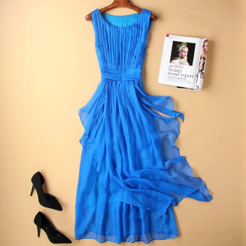 Slim Fitting White Silk Long Dress - Blue