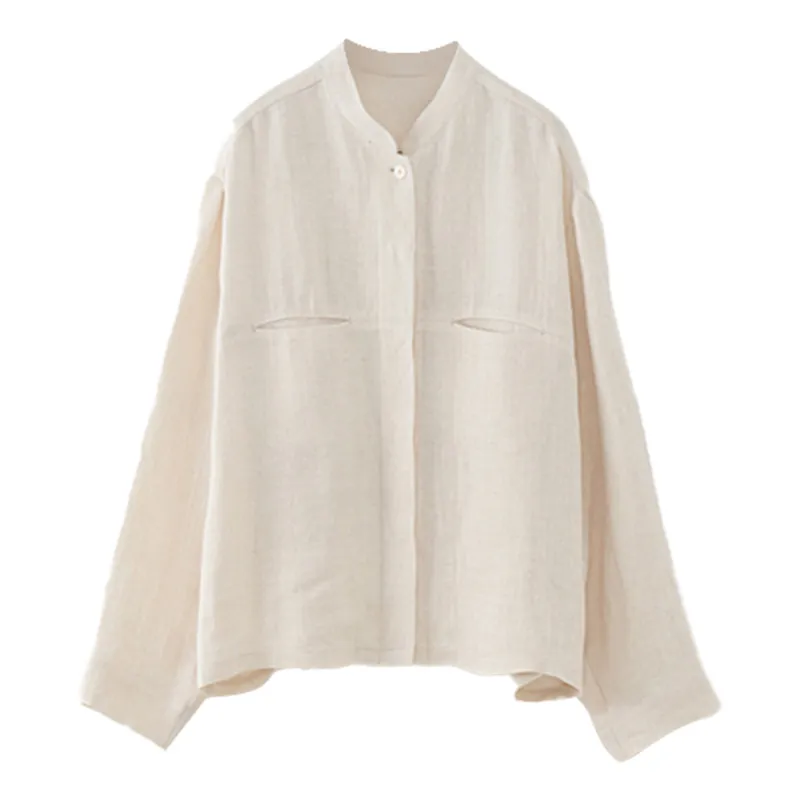 Retro Stand Collar Design Sense Of Minority Cotton And Linen Long Sleeve Shirt - Apricot