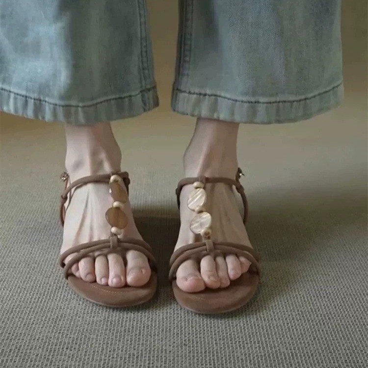 Women Boho Vacation Natural Shell Pendant Flat Sandals Matching Casual Daily