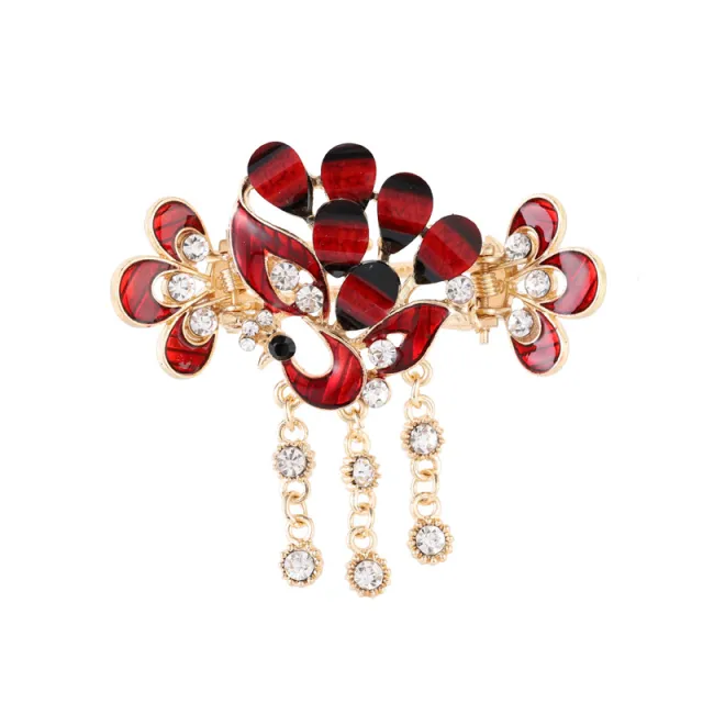 Vintage Plate Back Head Fringe Clip Peacock Red - Shop at LoveMi