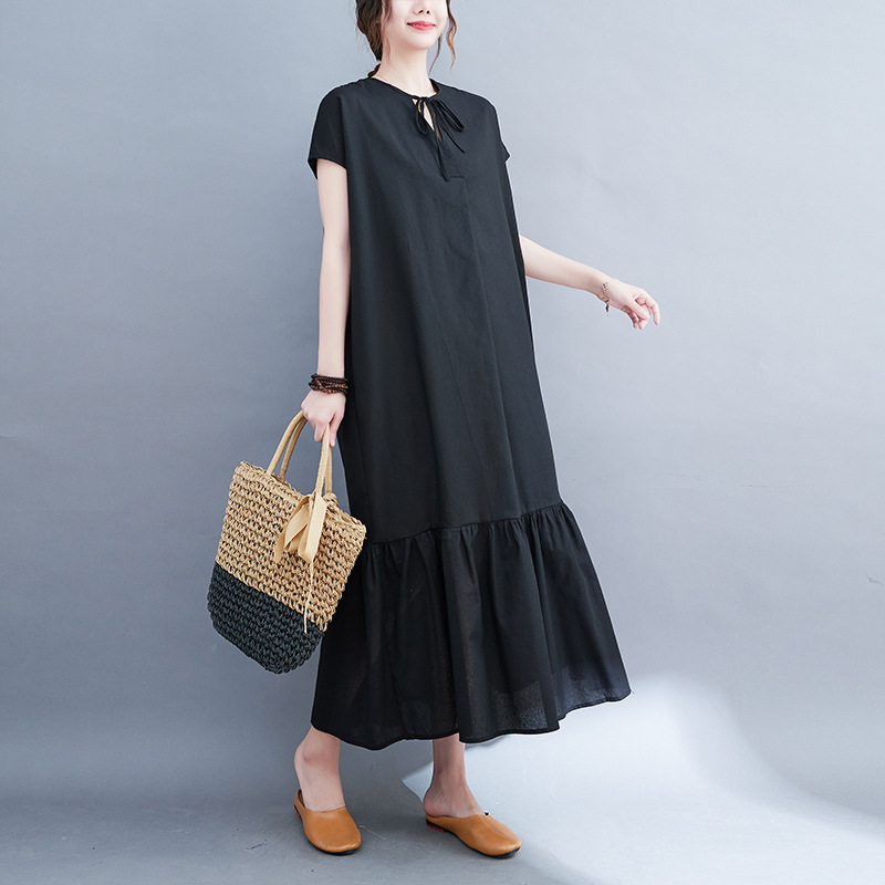 Women's New Cotton And Linen Over-the-knee Long Lace-up Dress