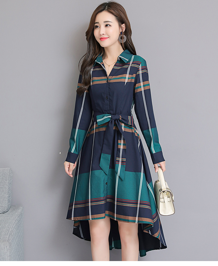 Women's irregular plaid shirt waist dress