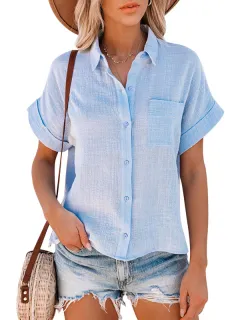 Explosive Style Cotton And Linen Shirt Short-sleeved Ladies Lapel Button-down Shirt - Light Blue - View 1