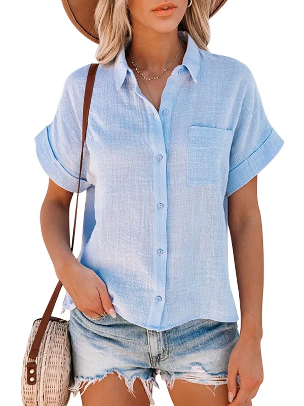 Explosive Style Cotton And Linen Shirt Short sleeved Ladies Lapel Button down Shirt Light Blue - Shop at LoveMi