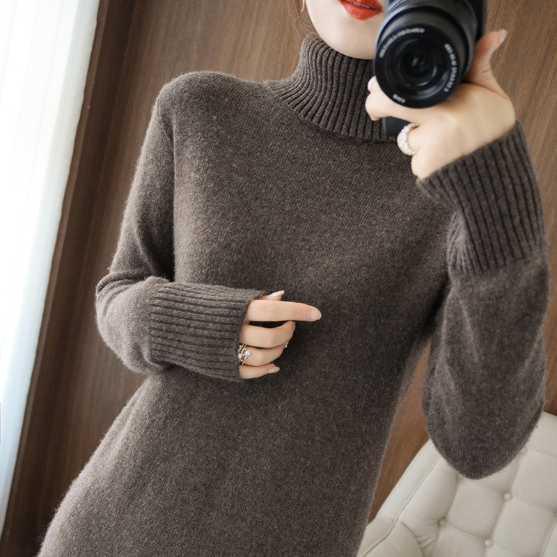 Wool Blend High Neck Mid-length Knitted Dress