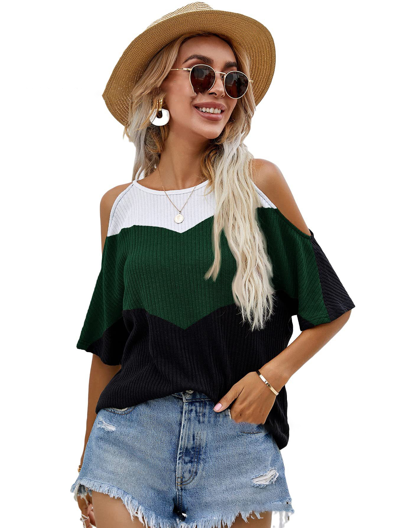 Pullover Panel Multicolor Short Sleeve T-Shirt Women