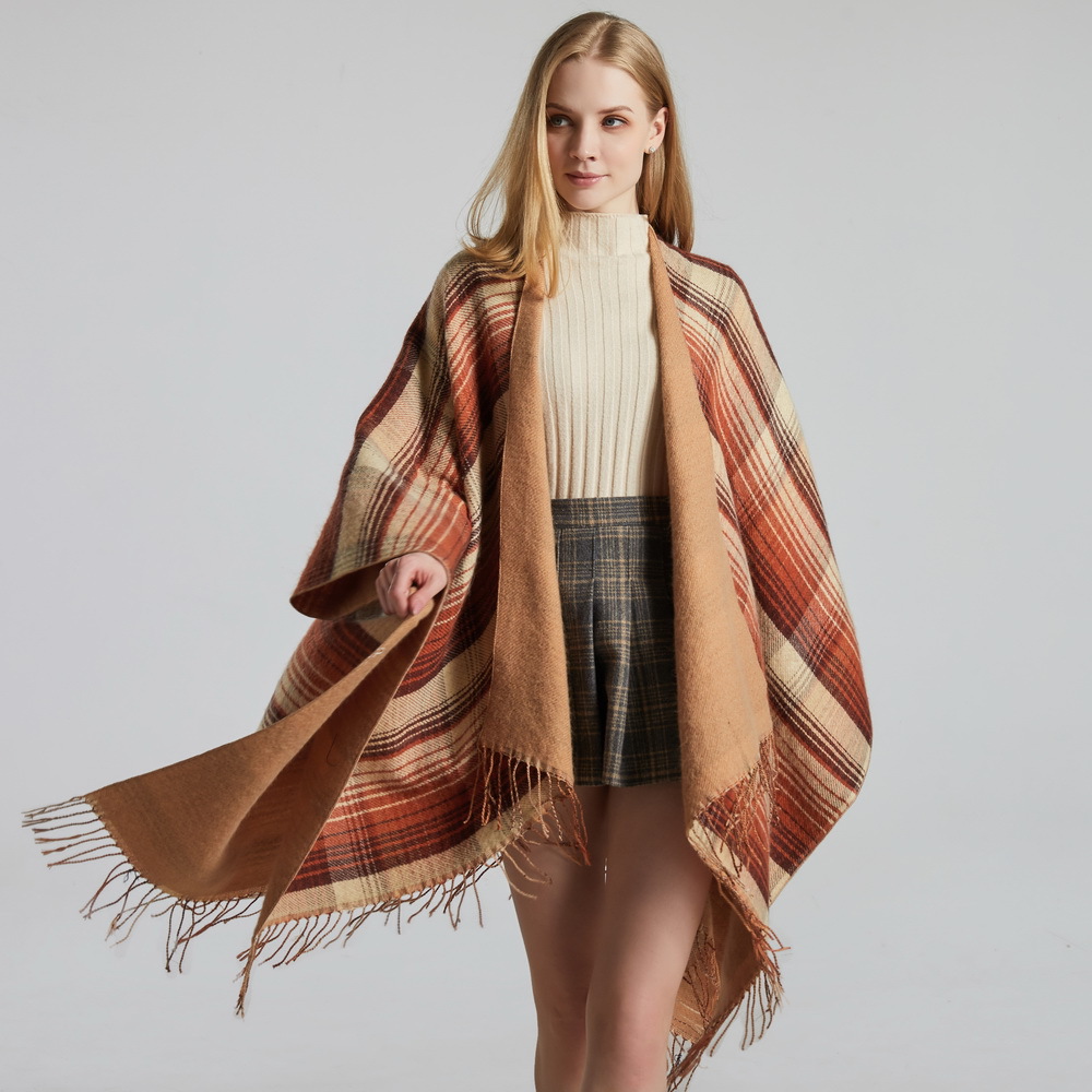Classic Colorful Plaid Shawl Cape Faux Cashmere Tassel Thickening