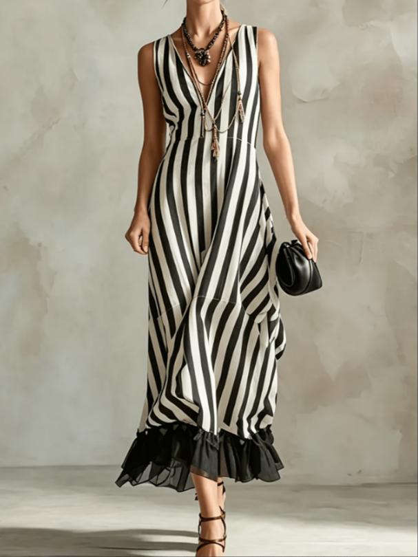 Black And White Vertical Stripe V-neck Sleeveless Patchwork Ruffle Edge Dress