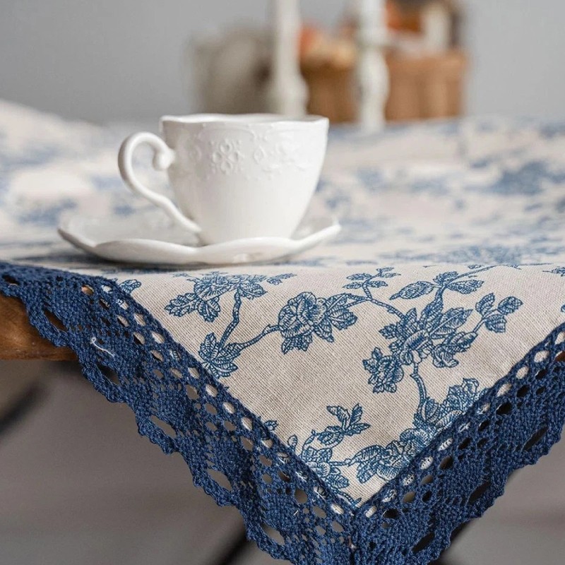 140 X 200cm Flower Pattern Tablecloth Linen Cotton Table Cloth Blue Rose Dining — image 4