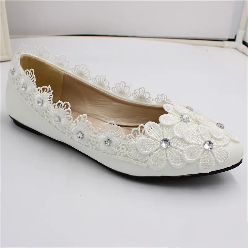 Women's Lace Flat Shoes with Rhinestone Floral Embellishments