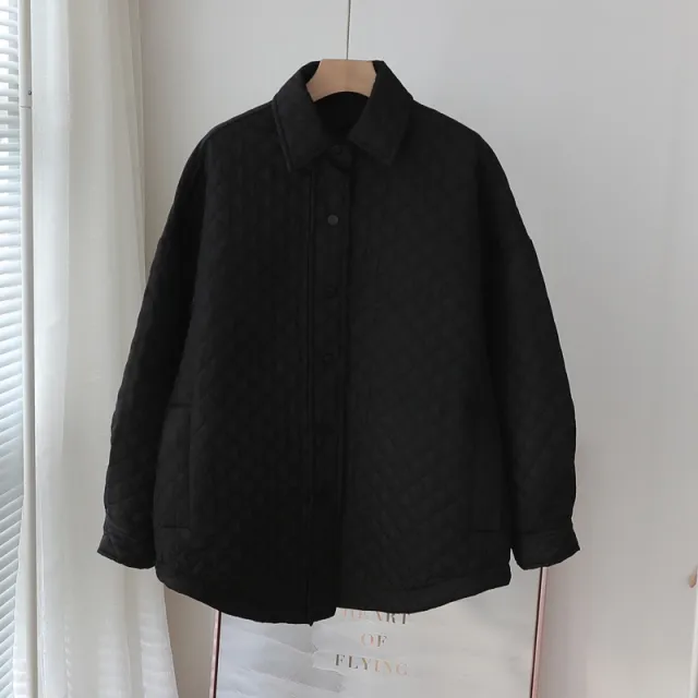 Quilted Loose Lapel Light And Thin Rhombic Cotton Dress Women Casual Black - Shop at LoveMi