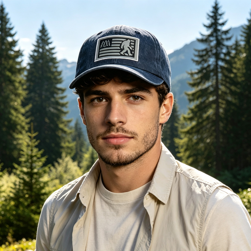 2pcs Washed Navy Bigfoot American Flag Patch Baseball Cap, Vintage Cotton  Hat For Outdoor Hiking — foto 3