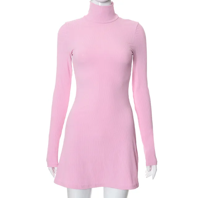 Autumn Turtleneck Wool Solid Color Dress Pink - Shop at LoveMi