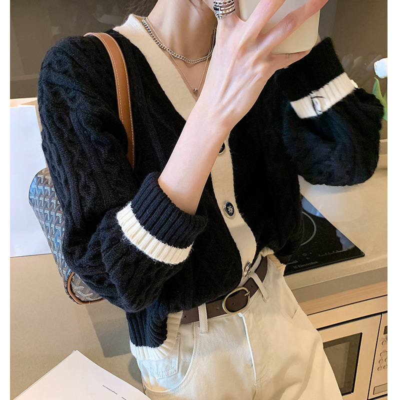 Retro Contrast Color V-neck Knitted Cardigan Women