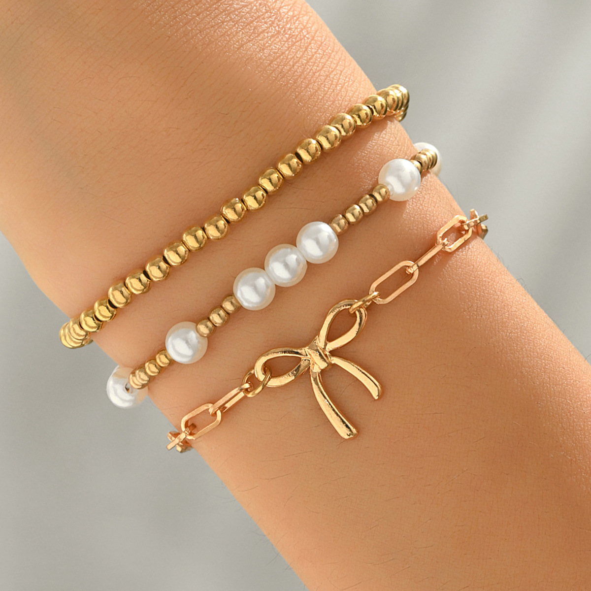 European American Cross-border Women Bracelet Set, Geometric Bowknot Woven Faux Pearl Design, Versatile Daily Hand Jewelry For Ladies