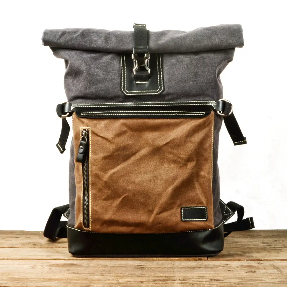 Roll-Top Travel Backpack with Contrast Pocket and Adjustable Capacity