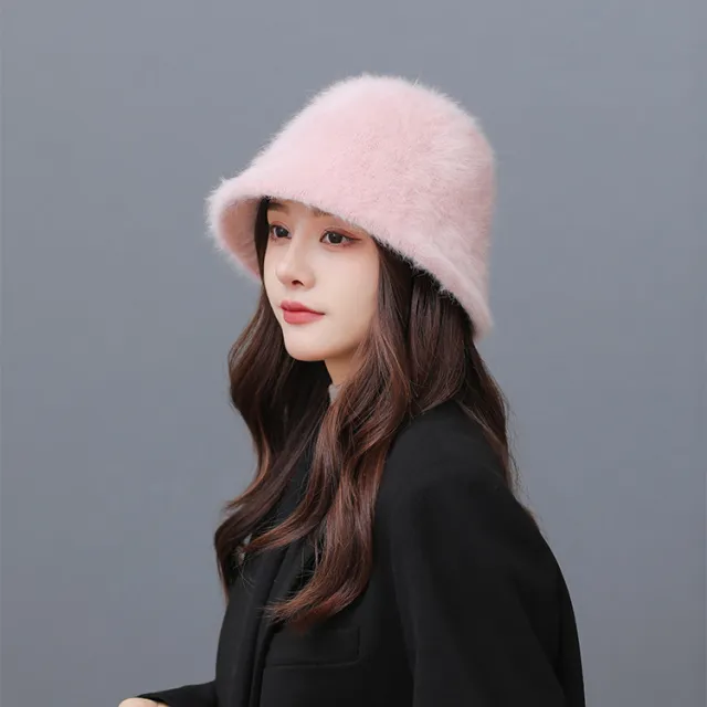 Rabbit Hair Bucket Fashionable Warm Hat Pink - Shop at LoveMi