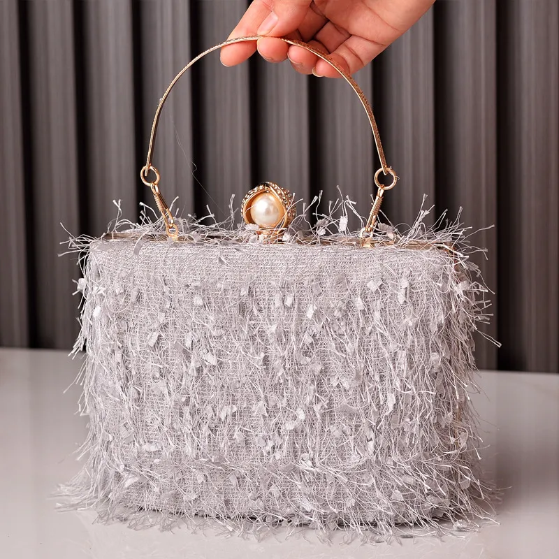 Tassel Handbags Women Dress Party Evening Bag Fashion Luxury Designer Square Bags Crossbody Shoulder Bag Ladies - Grey