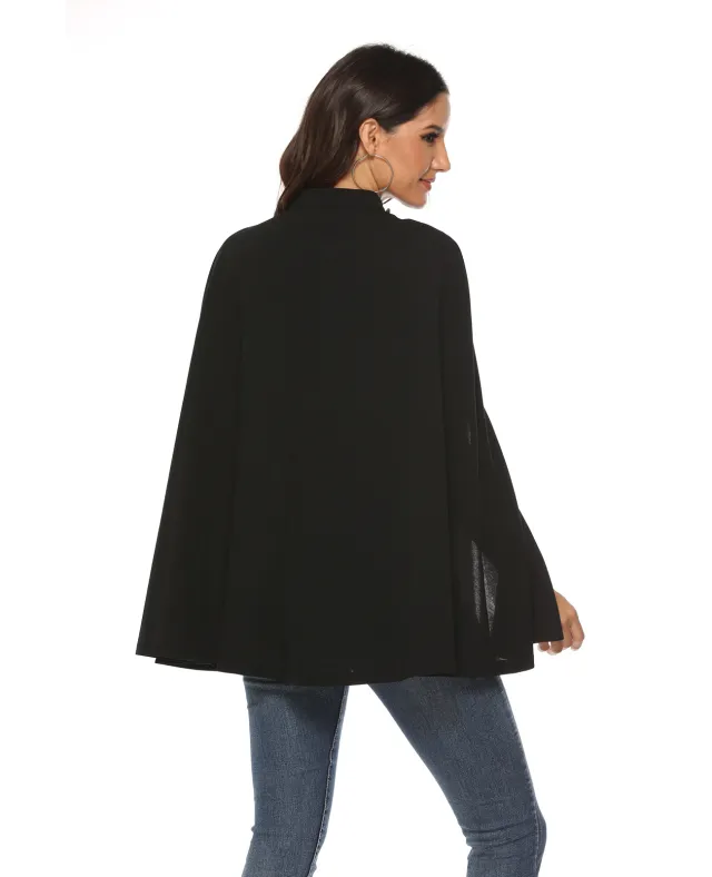 Fashion British Stand Collar Buttoned Sleeveless Big Swing Cloak Cape Black - Shop at LoveMi