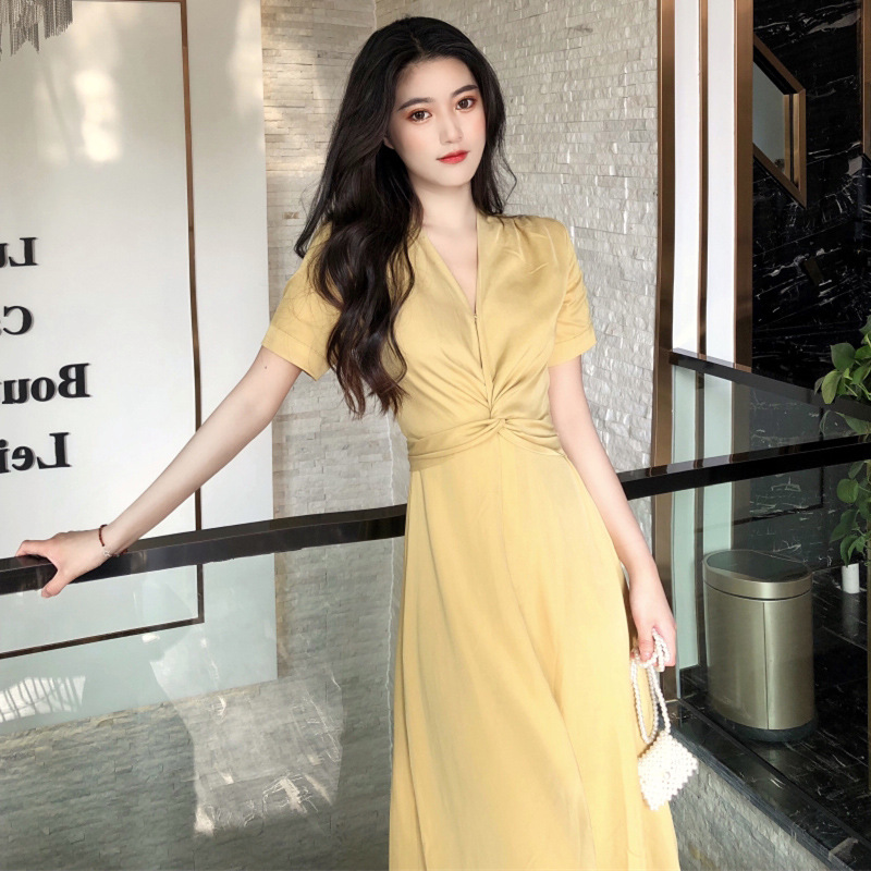 Light Yellow Long Skirt French Bellflower Waist Dress