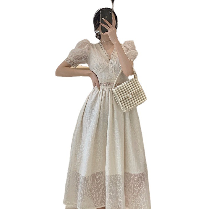 High French Style Fairy Gentle V-neck Lace Waist Long Skirt