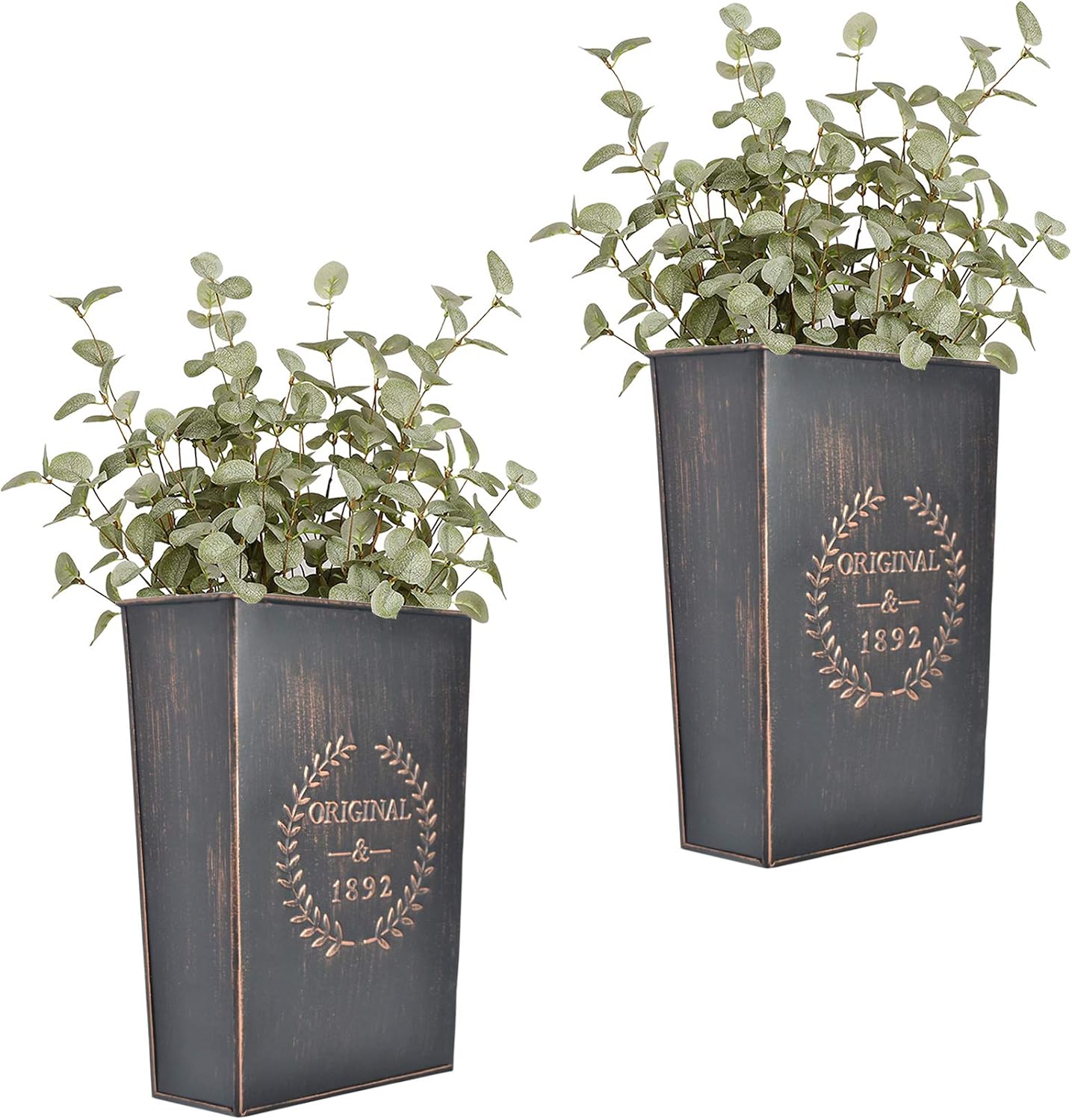 Rustic Metal Wall Planters 2 Pack, Farmhouse Hanging Wall Vases For Plants, Flowers And Indoor Or Outdoor Home Decor