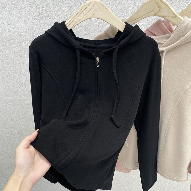 Women's Hooded Sweatshirt Jacket With Zipper And Fishbone Pattern, Slimming And Concealing, Simple Short Cardigan Top