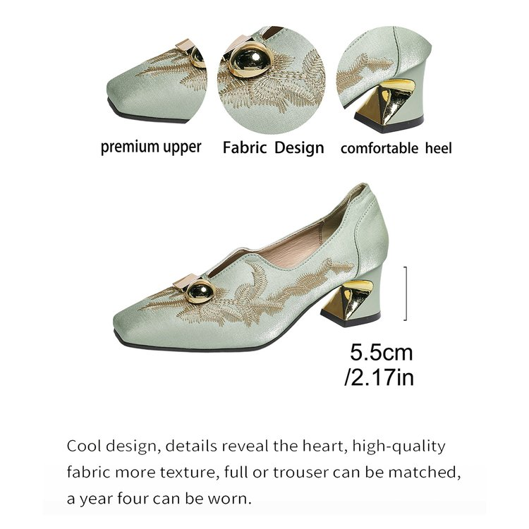 2026 Spring New Women's Chunky Heel Pumps, Versatile Square Toe Deep-V Loafers, New Chinese Style Embroidered High Heels