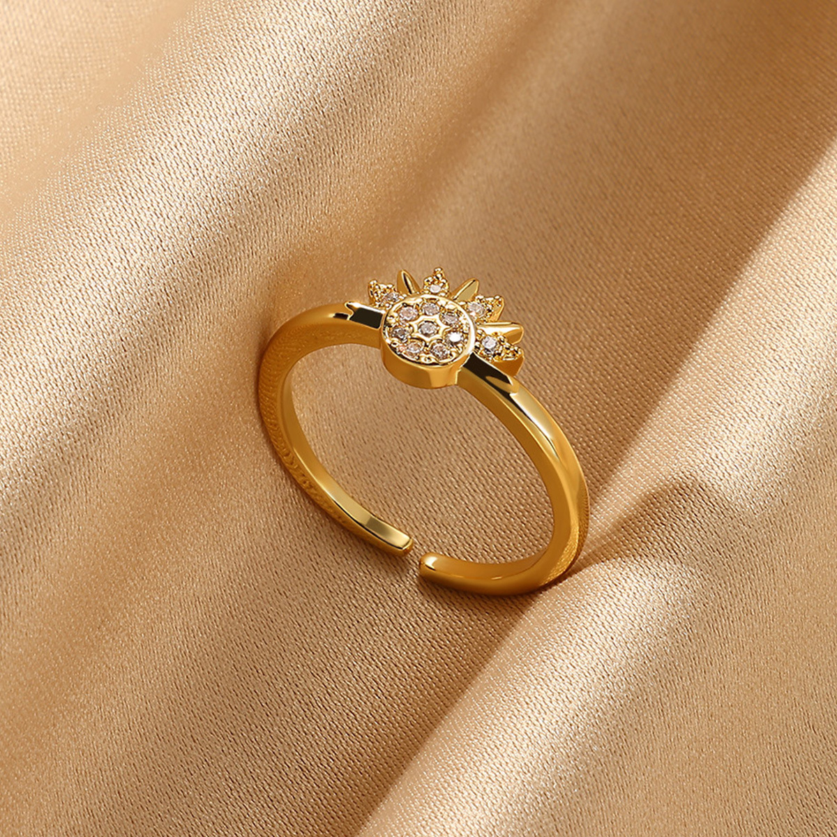 Copper Plated 18K Gold Color Zircon Ring, Luxury Minimalist INS Style Leaf Band Jewelry For Women from KSLY