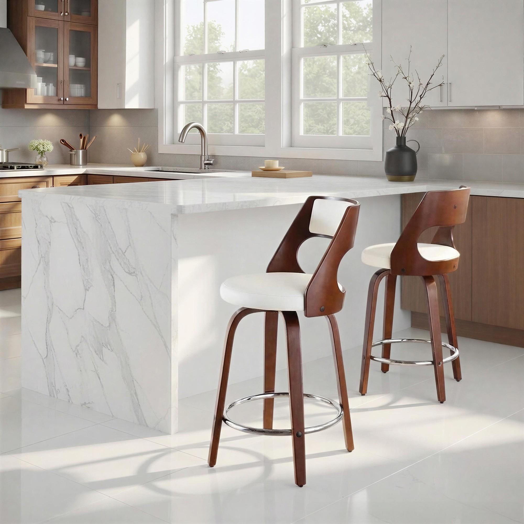 Mid-Century Modern Counter Stool With Swivel In Cherry And White Faux Leather - Set Of 2 — foto 3