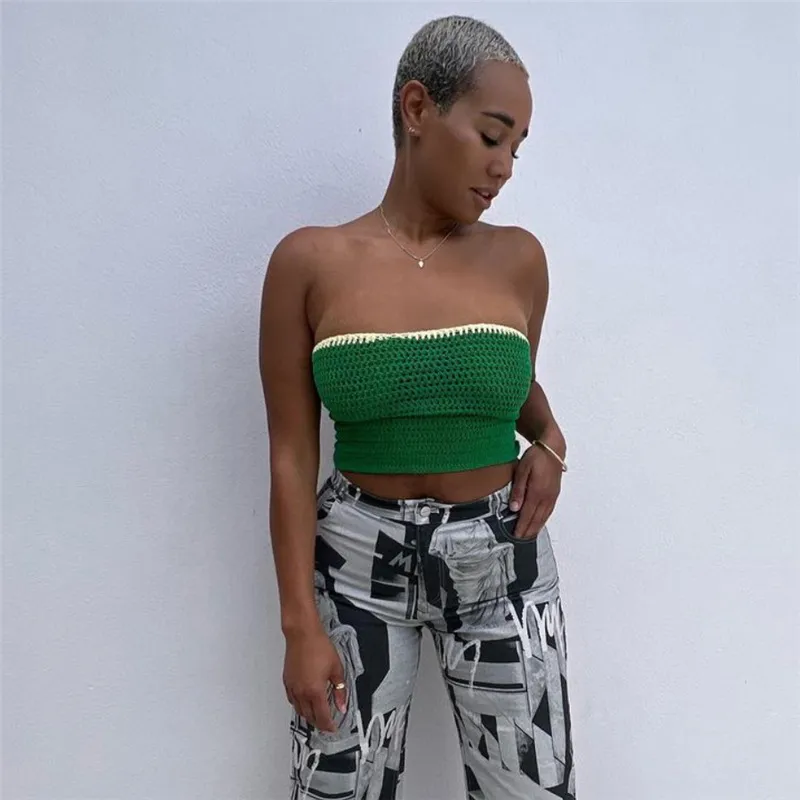 Contrast Color Cropped Navel Knit Tie Bandeau Tank Top - Green