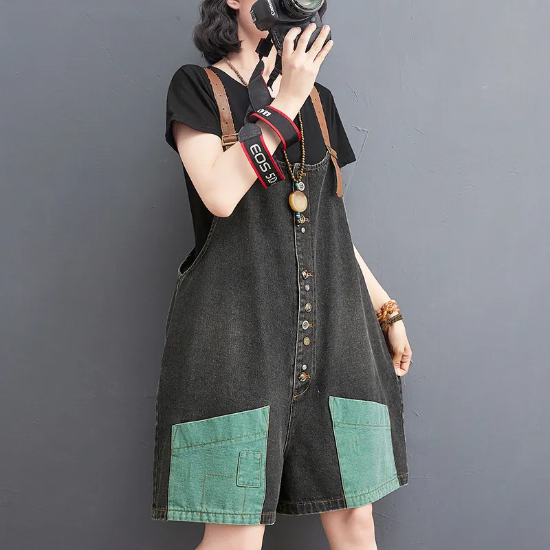 Personality Retro Contrast Color Casual High Waist Slim Denim Overalls - Green Black