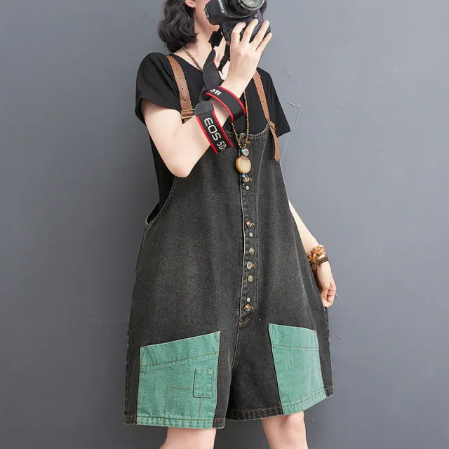 Personality Retro Contrast Color Casual High Waist Slim Denim Overalls Green Black - Shop at LoveMi