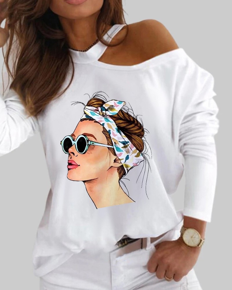 Fashion Sexy Women's Loose Print Long-sleeved T-shirt