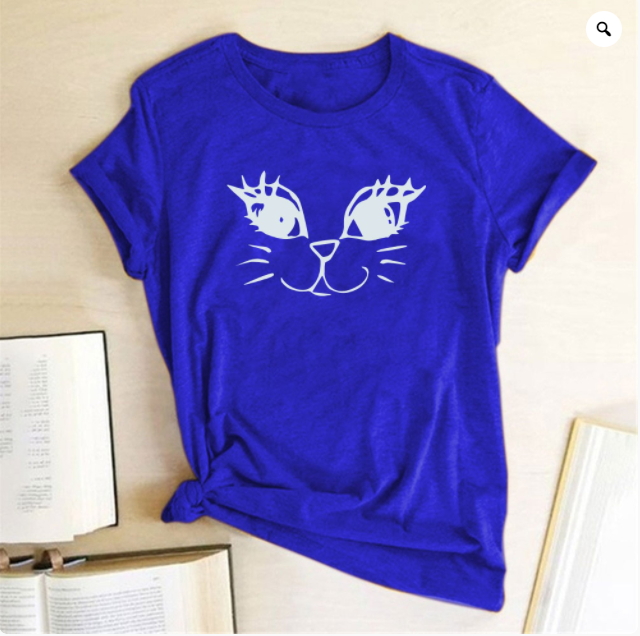 Title 1, Short-sleeved T-shirt Female Round Neck Cat Print