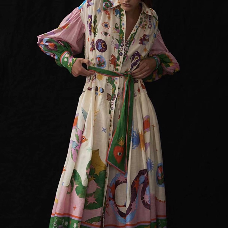 Lantern Sleeve Graffiti Print Lace Up Waist Dress Graph Color - Shop at LoveMi