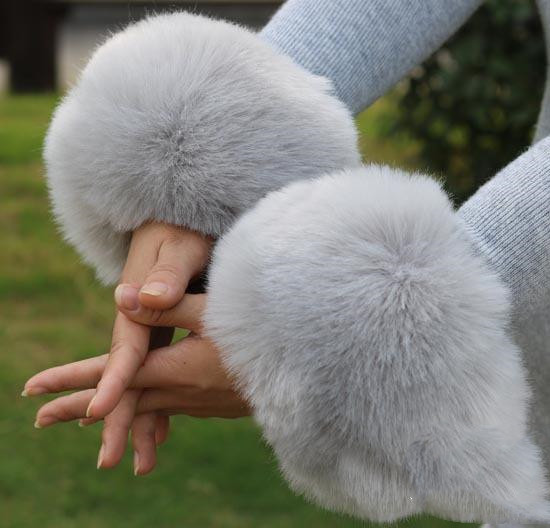 Women Furry Sleeve Cuffs Fox Short Wrist Bracelet Light Grey Super Soft - Shop at LoveMi
