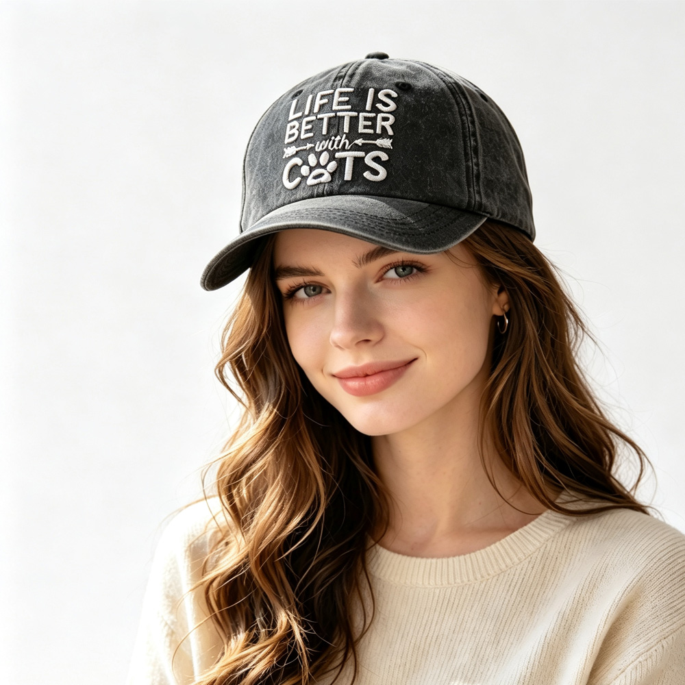 2pcs Washed Distressed Baseball Cap, Life Is Better With Cats Embroidery Vintage Cotton Hat, Cute Cat Paw Print Casual Hat For Cat Lovers — foto 7