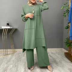 Plus Size Women's Solid Colour Shirt Round Neck Elastic Cuff Top With Asymmetrical Hem & Wide-Leg Pants Set - Green - View 1